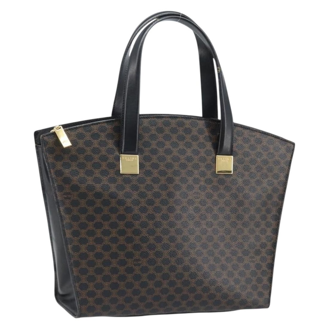 Celine Macadam Black PVC Leather Gold Accent Handbag Italy: Celine Macadam Black PVC Leather Gold Accent Handbag Italy This CELINE Macadam hand bag features classic PVC leather and Macadam canvas in black with gold-tone accents. Designed for women, it offers a