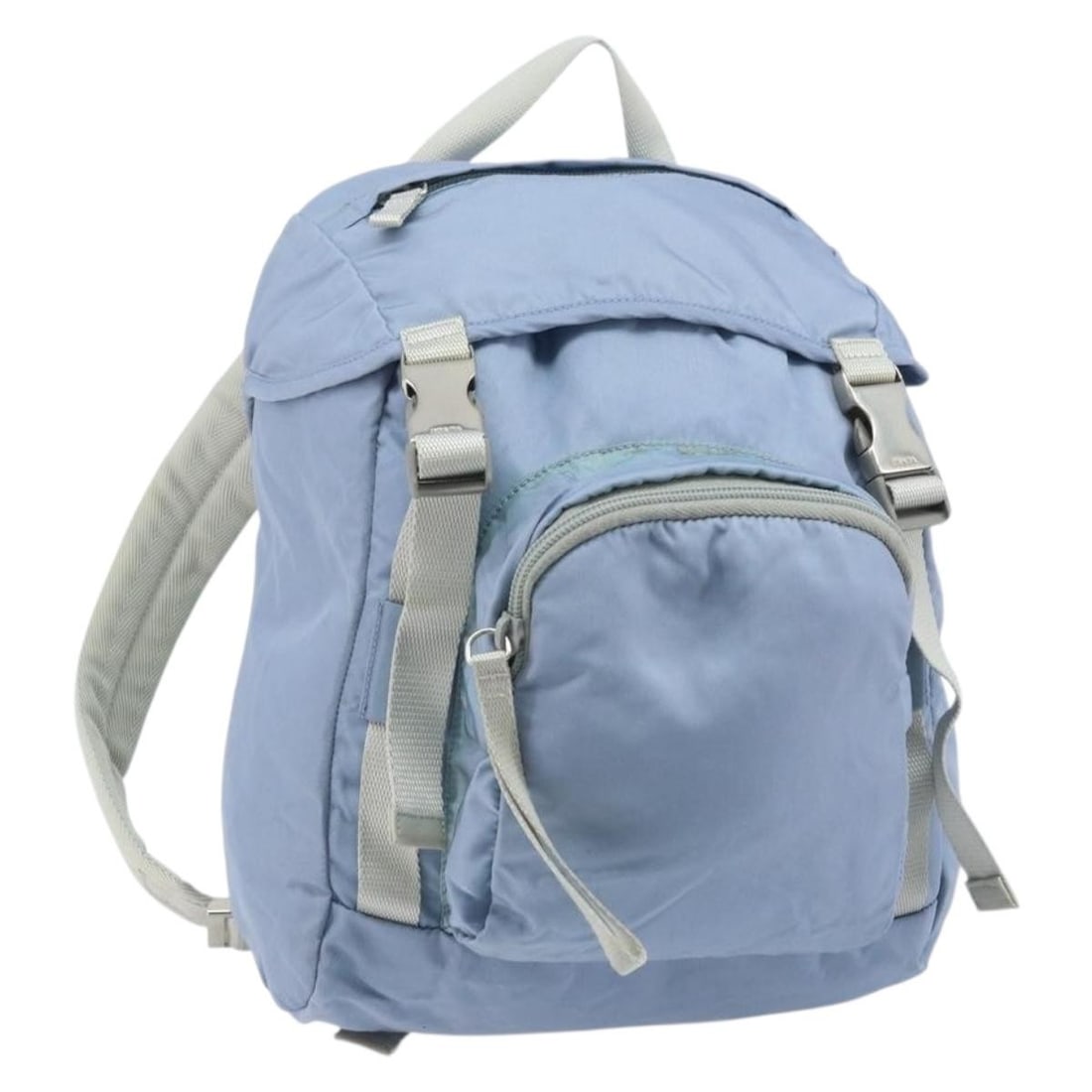 Light Blue Nylon PRADA Backpack with Silver Accents Made in Italy: Light Blue Nylon PRADA Backpack with Silver Accents Made in Italy This PRADA backpack features a light blue and silver nylon exterior with silver-tone hardware. Designed for practical use, it includes