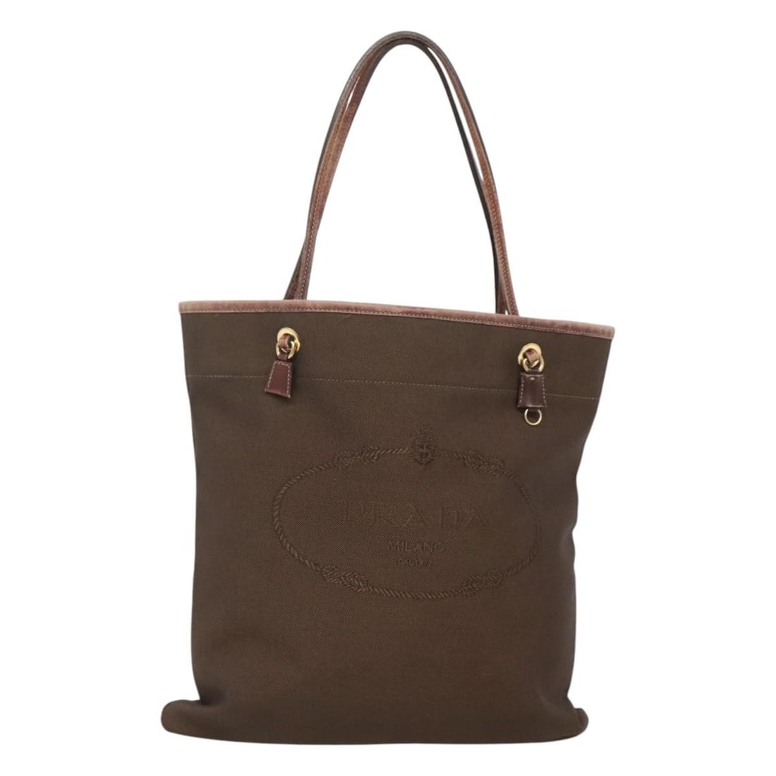 Prada Brown and Gold Canvas Women's Tote Bag Made in Italy: Prada Brown and Gold Canvas Women's Tote Bag Made in Italy This PRADA tote bag features a brown and gold canvas exterior, designed for women. Made in Italy, it showcases a spacious silhouette with a h