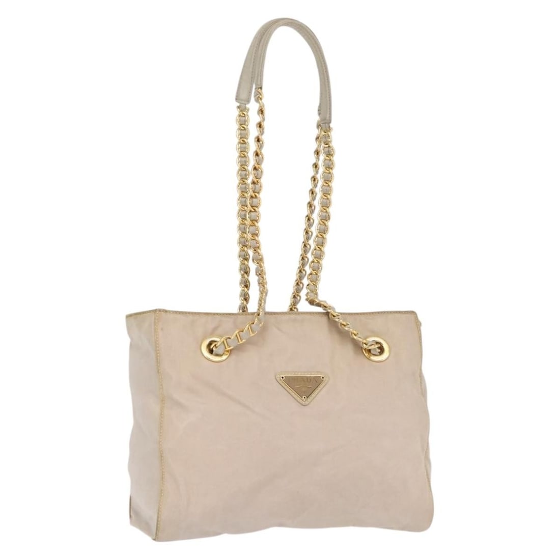 Prada Beige and Gold Nylon Chain Shoulder Bag from Italy: Prada Beige and Gold Nylon Chain Shoulder Bag from Italy This PRADA shoulder bag features a beige and gold nylon exterior with a chain strap. Crafted in Italy, the bag has a compact design with approx