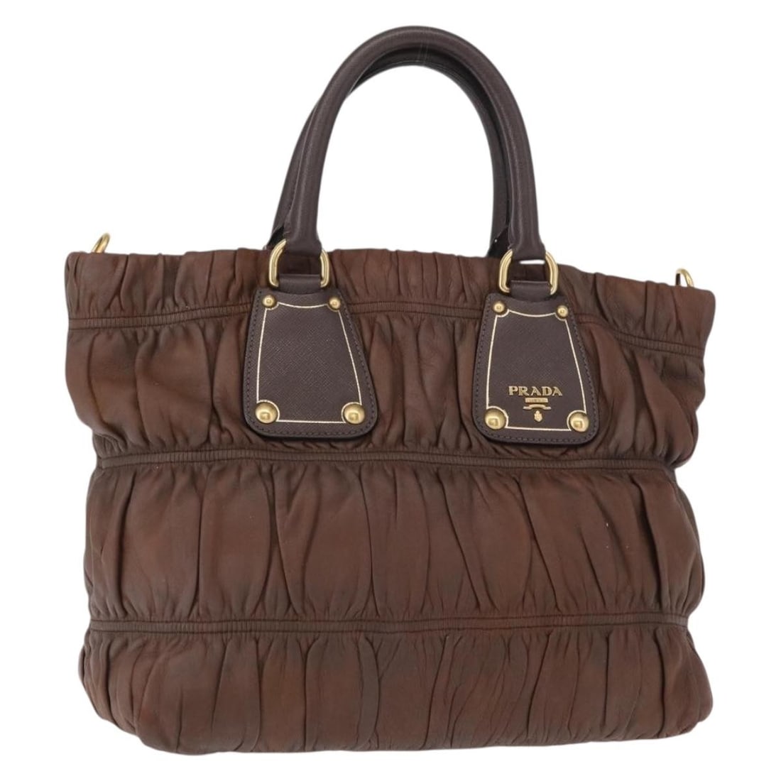 PRADA Gathered Leather Hand Bag Brown Gold Auth Italy (1 of 18)