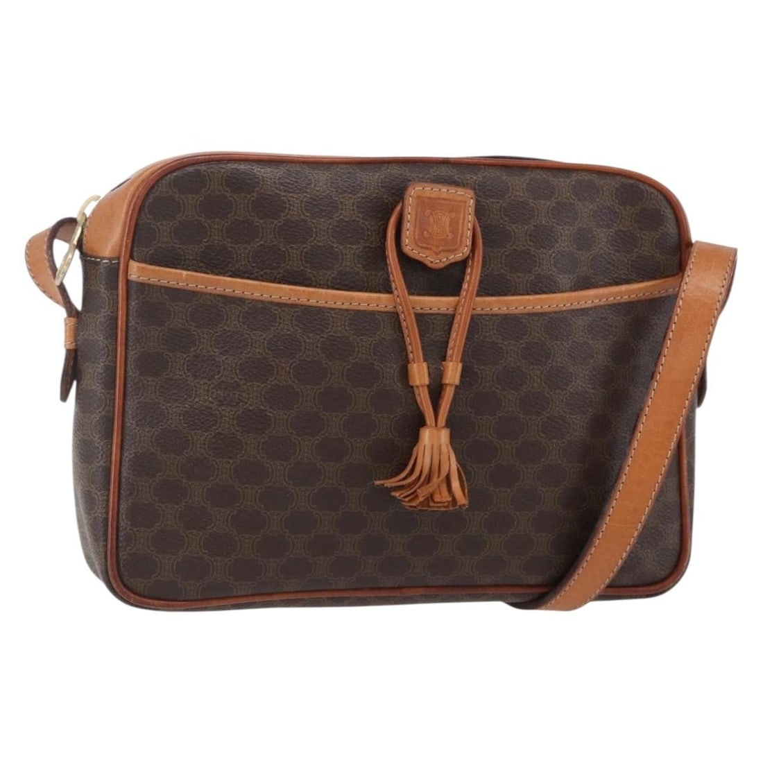 CELINE Macadam Canvas Brown Gold Shoulder Bag PVC Leather Auth: CELINE Macadam Canvas Brown Gold Shoulder Bag PVC Leather Auth This Celine Macadam Canvas Shoulder Bag is a stylish accessory crafted from durable PVC leather in a sophisticated brown and gold color s