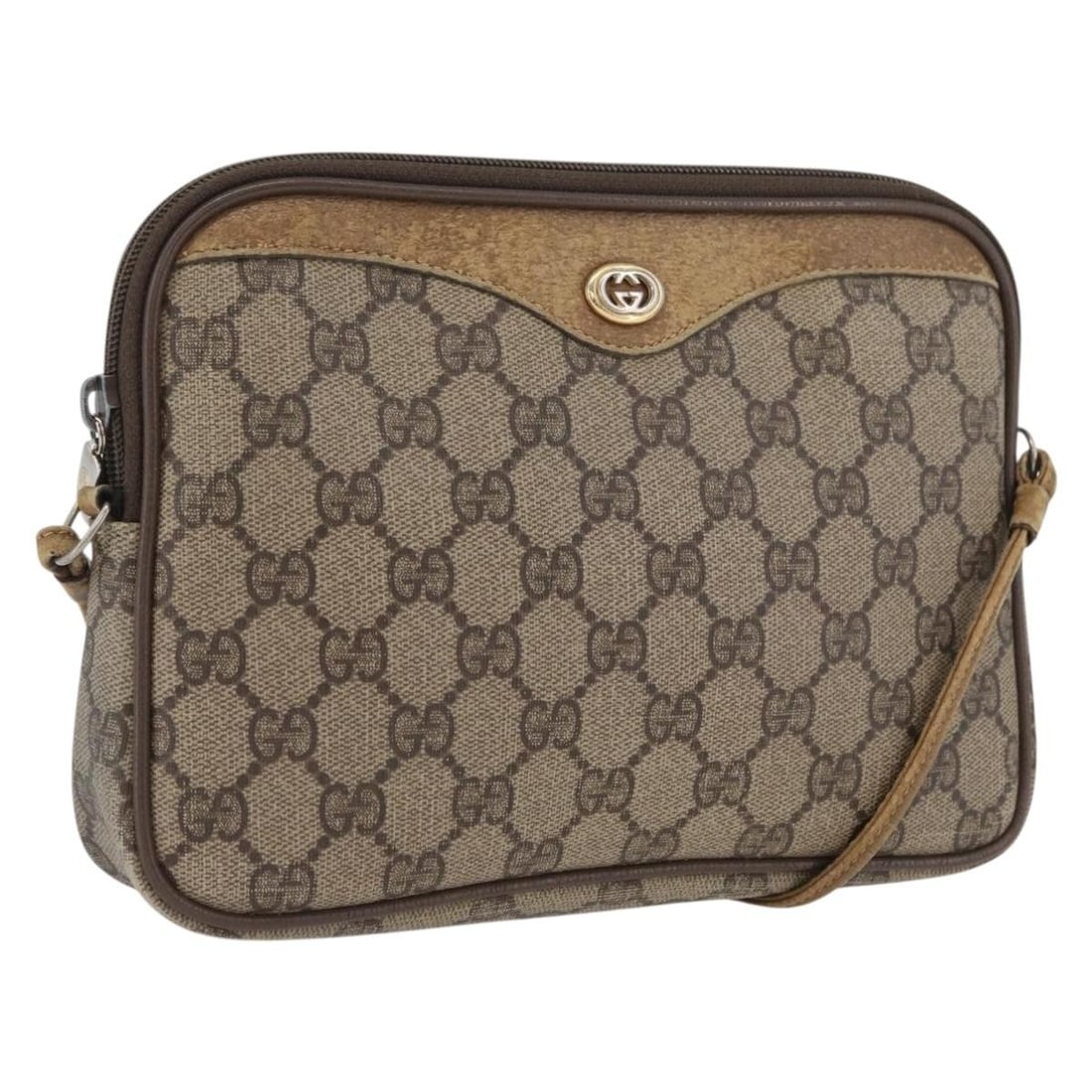 Beige Gold GG Supreme Shoulder Bag by Gucci PVC Leather 97 02 068: Beige Gold GG Supreme Shoulder Bag by Gucci PVC Leather 97 02 068 This Gucci GG Supreme shoulder bag is crafted from beige and gold PVC leather and GG canvas. Designed for women, it features an adjust