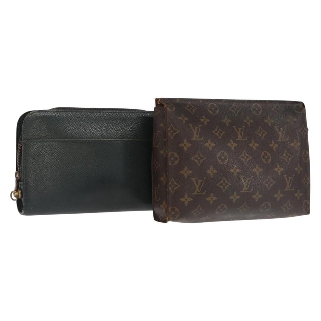 Set of 2 Louis Vuitton Monogram Green Taiga Canvas Clutch Bags: Set of 2 Louis Vuitton Monogram Green Taiga Canvas Clutch Bags This is a Louis Vuitton Monogram Taiga clutch bag two-piece set in green. Made from monogram canvas, both clutches are crafted in France.