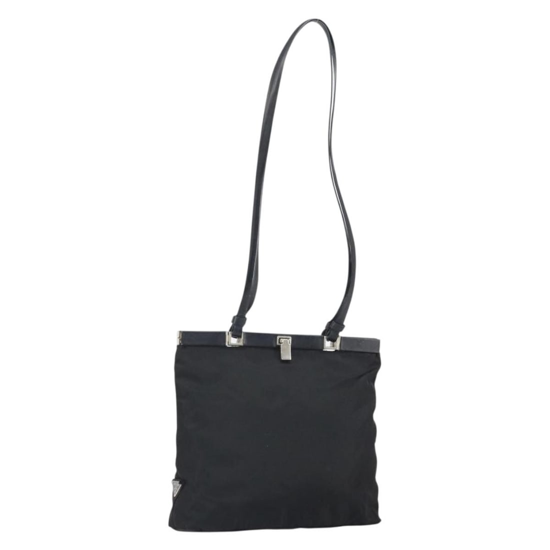 Prada Black Nylon Shoulder Purse with Silver Accents for Women: Prada Black Nylon Shoulder Purse with Silver Accents for Women This PRADA shoulder bag features a black nylon exterior with silver-tone accents, designed specifically for women. The bag is made in Ita