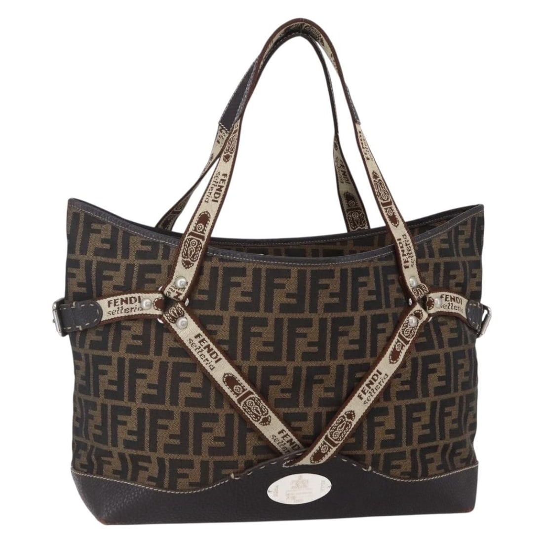 FENDI Zucca Canvas Celeria Tote Bag Black Brown Silver Authentic (1 of 18)