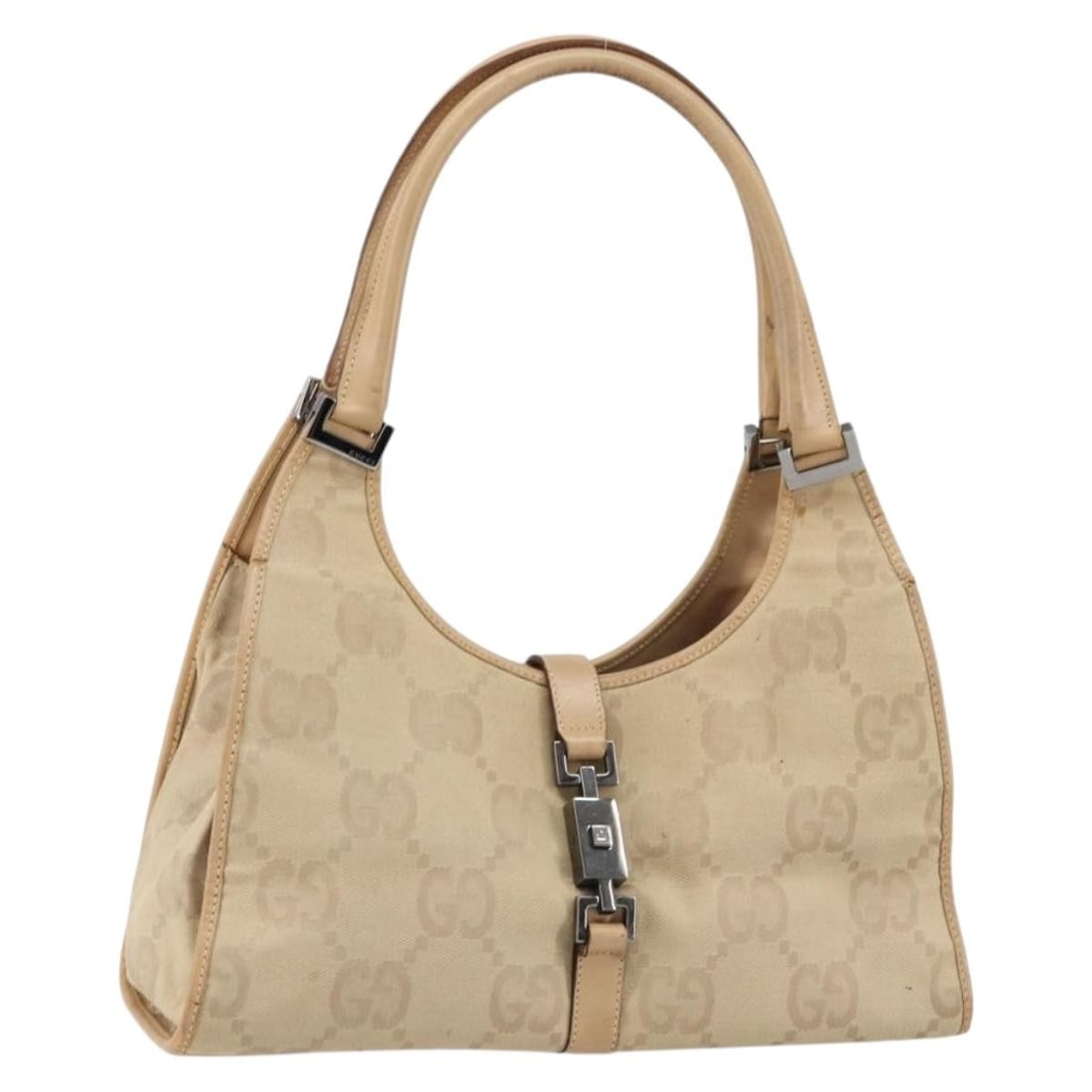 GUCCI GG Canvas Jackie Shoulder Bag Beige Silver Auth 002 1067 2123: GUCCI GG Canvas Jackie Shoulder Bag Beige Silver Auth 002 1067 2123 The GUCCI GG Canvas Jackie Shoulder Bag combines elegance with functionality in a chic beige and silver design. Crafted in Italy, th
