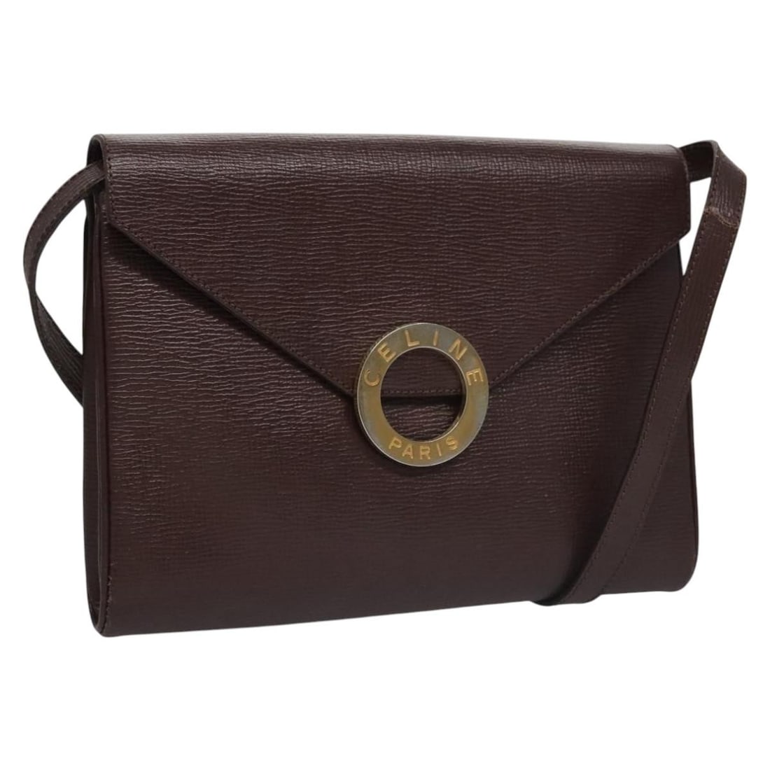 Celine Brown Leather Circle Shoulder Bag with Gold Detail for Women: Celine Brown Leather Circle Shoulder Bag with Gold Detail for Women This is a Celine Circle shoulder bag crafted from brown leather with gold-tone accents. Designed for women, the bag features a struc