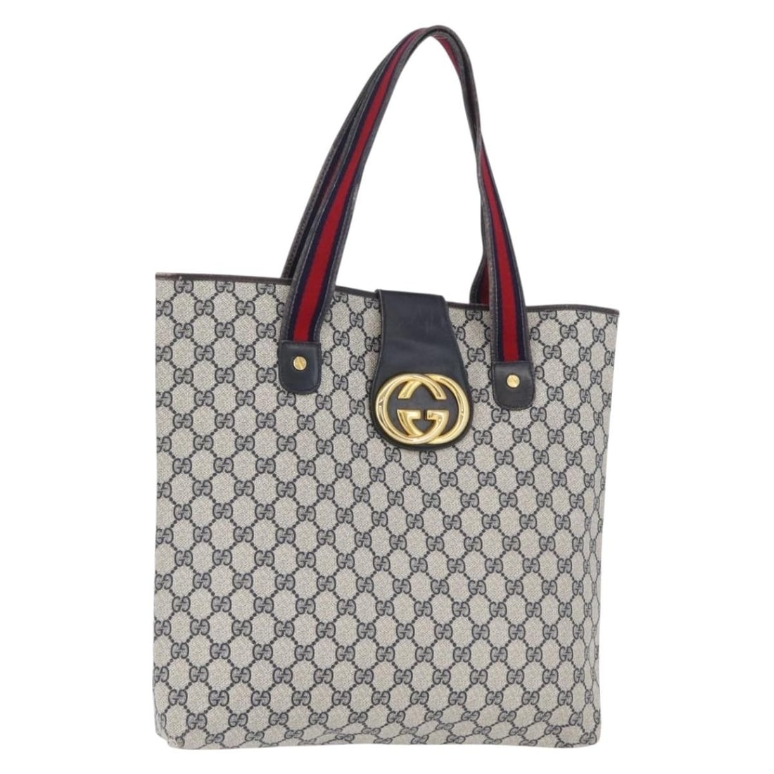 Navy GG Supreme Sherry Line Tote PVC Leather Bag by Gucci: Navy GG Supreme Sherry Line Tote PVC Leather Bag by Gucci This GUCCI GG Supreme Sherry Line tote bag features navy and gold PVC leather with GG canvas accents, designed for women. Crafted in Italy, th