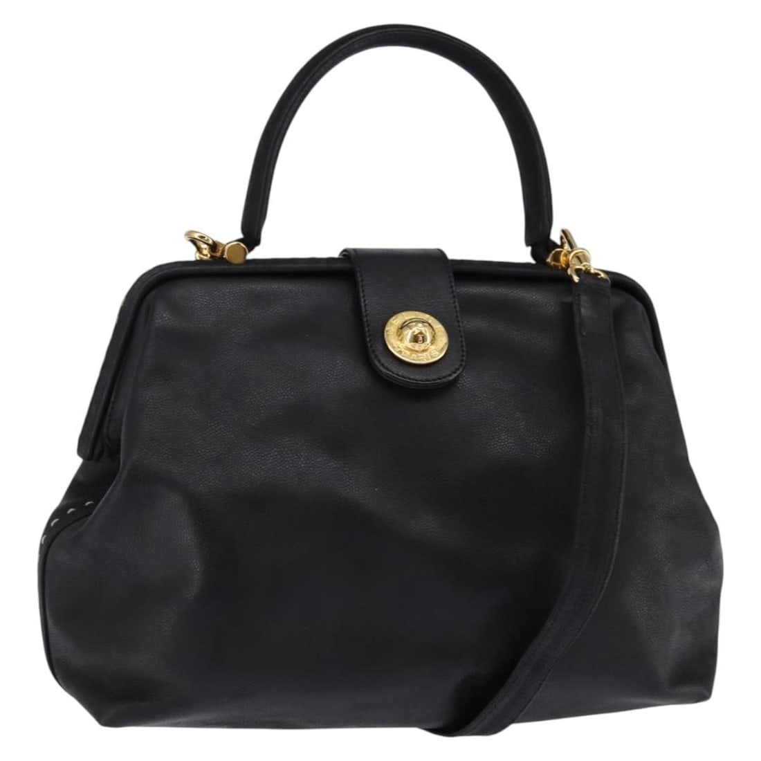Black Leather Two Way Celine Handbag with Gold Accents and Strap: Black Leather Two Way Celine Handbag with Gold Accents and Strap This CELINE handbag is crafted from leather in a black and gold color scheme and offers versatile 2-way carrying as both a handbag and