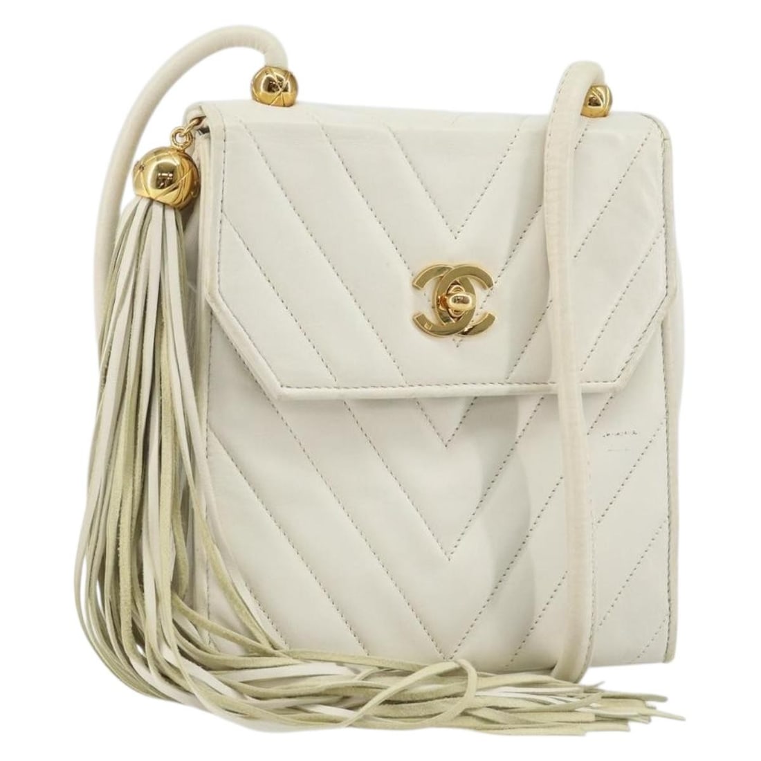 CHANEL V Stitch Shoulder Bag White Gold Lambskin Authentic Italy (1 of 18)