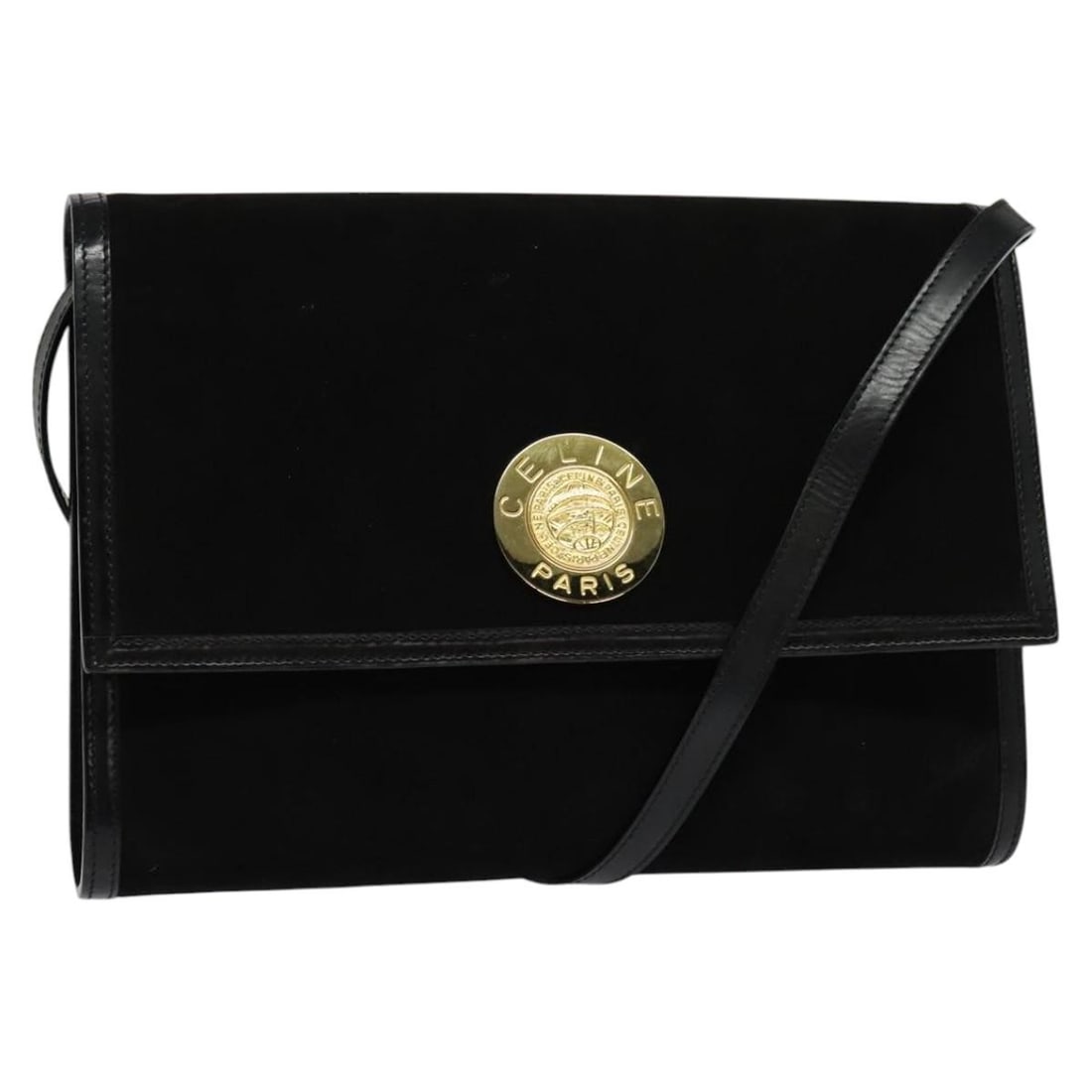 Celine Black Suede Shoulder Bag with Gold Accents for Women: Celine Black Suede Shoulder Bag with Gold Accents for Women This CELINE shoulder bag features a black and gold suede exterior with a sleek, structured silhouette. Designed for women, it offers an adju