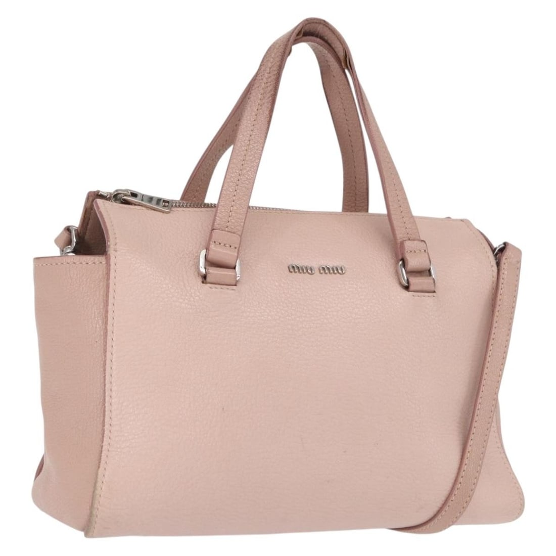 Miu Miu Pink Leather Convertible Handbag with Silver Accents and Shoulder Strap: Miu Miu Pink Leather Convertible Handbag with Silver Accents and Shoulder Strap This Miu Miu 2-way handbag is crafted from pink and silver leather, offering versatility as both a handbag and a shoulde