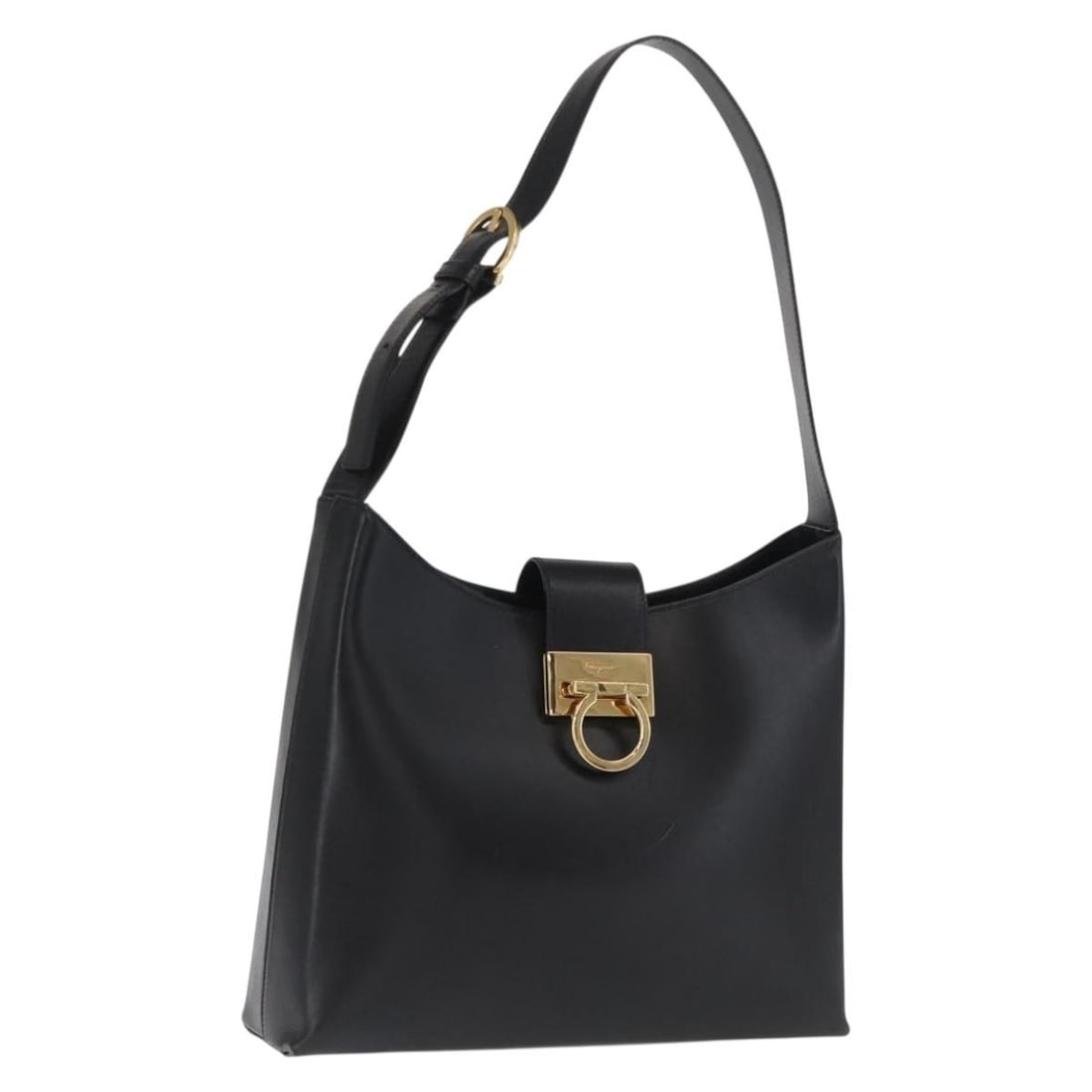 Salvatore Ferragamo Gancini Black Leather Shoulder Bag with Gold Accents: Salvatore Ferragamo Gancini Black Leather Shoulder Bag with Gold Accents This Salvatore Ferragamo Gancini shoulder bag features black leather accented with gold-tone details. Designed for women, the b