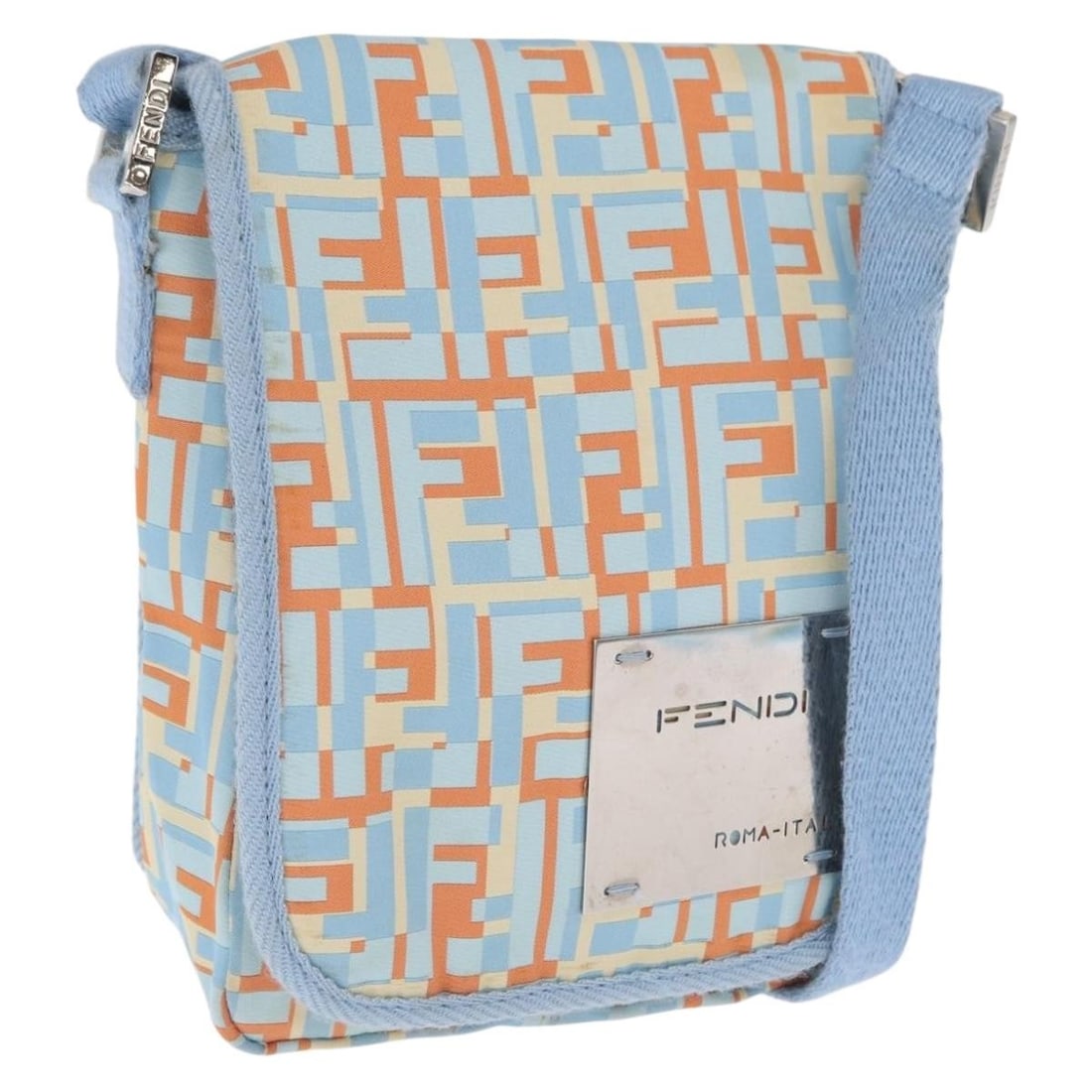 Light Blue Canvas Fendi Zucca Denim Shoulder Bag Silver Tone Italy: Light Blue Canvas Fendi Zucca Denim Shoulder Bag Silver Tone Italy This FENDI Zucca Canvas shoulder bag features a light blue and silver color scheme with the iconic Zucca canvas exterior. The bag is