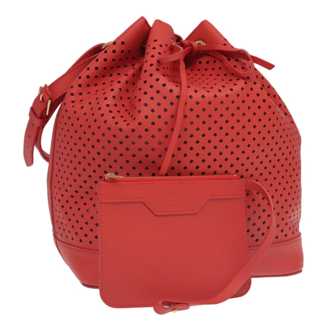 Louis Vuitton Perforated Noe Red Leather Shoulder Bag M94074 with Pouch: Louis Vuitton Perforated Noe Red Leather Shoulder Bag M94074 with Pouch This Louis Vuitton Perforated Noe shoulder bag is crafted from red leather and features an adjustable shoulder strap. Designed f