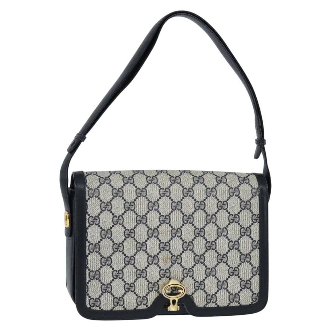 GUCCI GG Supreme Navy Gold PVC Shoulder Bag Italy Auth 147854: GUCCI GG Supreme Navy Gold PVC Shoulder Bag Italy Auth 147854 This GUCCI GG Supreme Shoulder Bag is a stylish accessory crafted in Italy from durable PVC leather and GG canvas, featuring a sophisticat