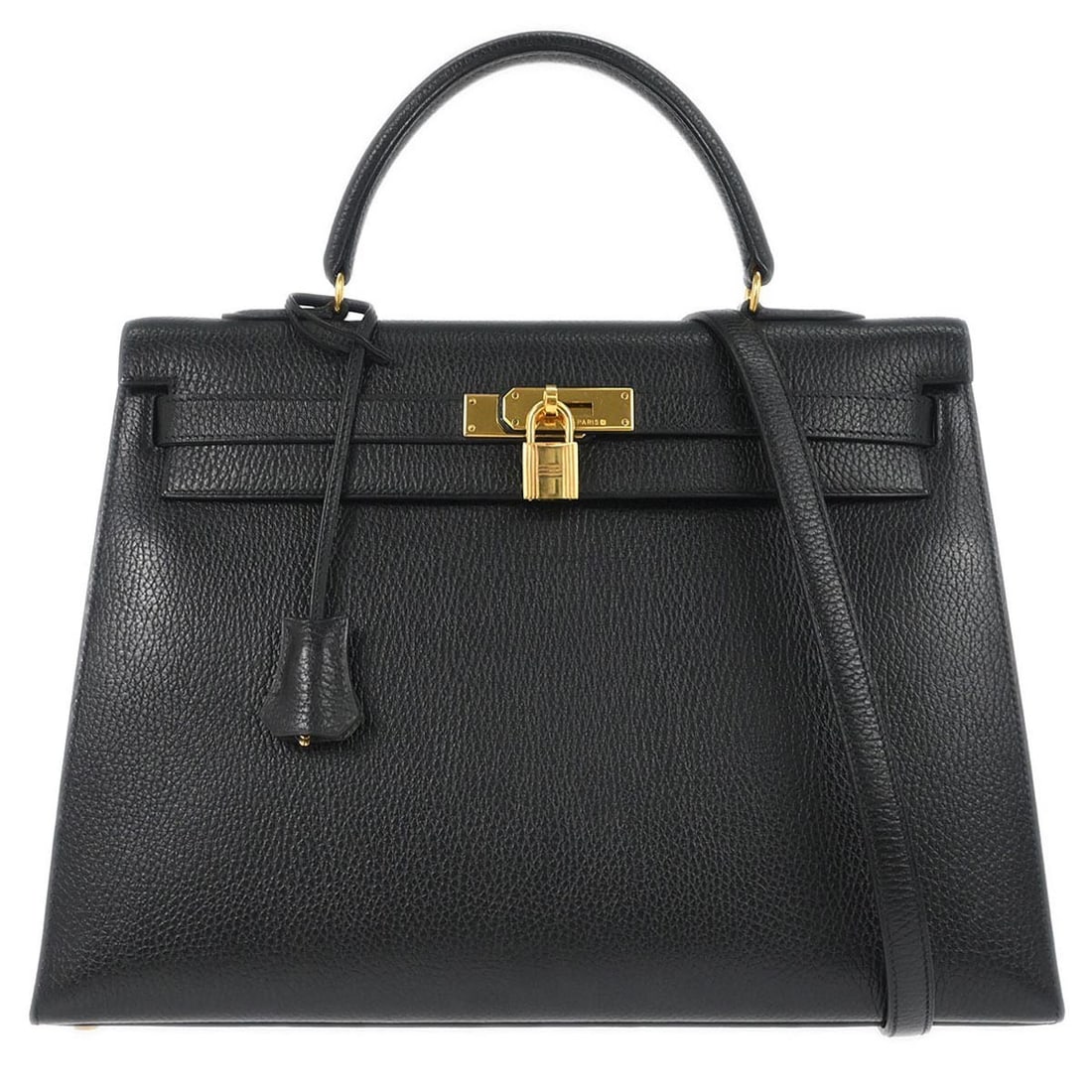 Hermes Kelly Black Leather Bag with Gold Tone Accents 36cm: Hermes Kelly Black Leather Bag with Gold Tone Accents 36cm This Hermes Kelly Handbag is crafted from black Ardennes leather and features gold hardware. Designed for women, it offers a sophisticated an