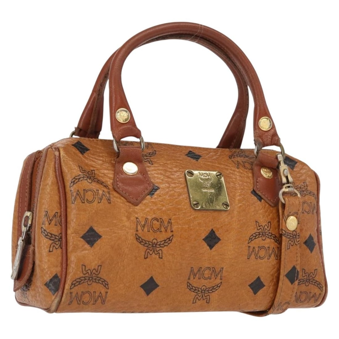 Mini Boston Bag by MCM Vicetos Logogram PVC Leather Brown Gold with Shoulder Strap: Mini Boston Bag by MCM Vicetos Logogram PVC Leather Brown Gold with Shoulder Strap This is an MCM Vicetos Logogram Mini Boston Bag crafted from brown and gold PVC leather. The bag features a detachabl