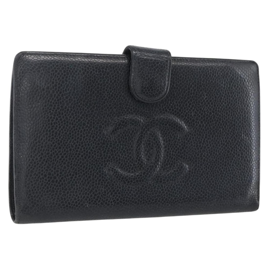 Black Caviar Leather Wallet with Gold CC by Chanel: Black Caviar Leather Wallet with Gold CC by Chanel This CHANEL wallet is crafted from grained caviar calfskin leather in black with gold-tone accents. Made in France, it features a compact design for