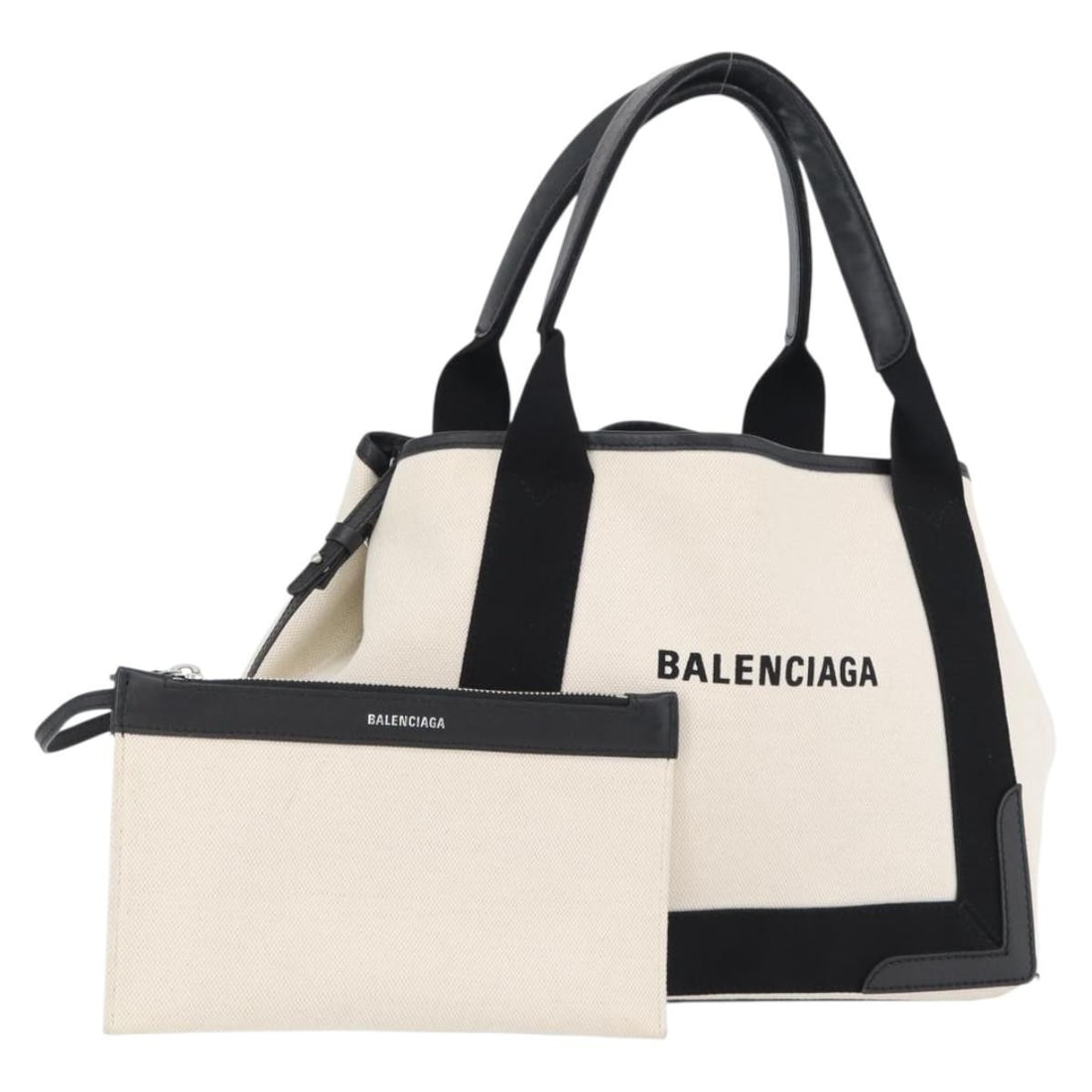 Canvas Tote Bag with Pouch Black White Balenciaga 339933 Italy Made: Canvas Tote Bag with Pouch Black White Balenciaga 339933 Italy Made This Balenciaga Cabas S Tote Bag features a black and white canvas exterior with a matching pouch accessory. Made in Italy, it measu
