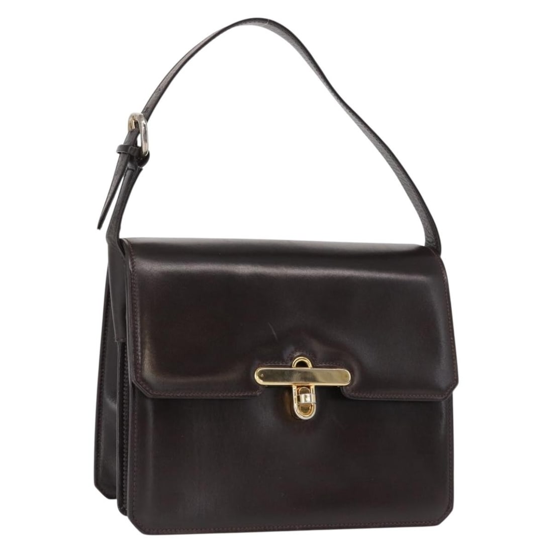 Gucci Dark Brown Leather Handbag Gold Accents Made in Italy: Gucci Dark Brown Leather Handbag Gold Accents Made in Italy This GUCCI handbag is crafted from dark brown leather with gold-tone accents. Made in Italy, it features a structured silhouette and a handl