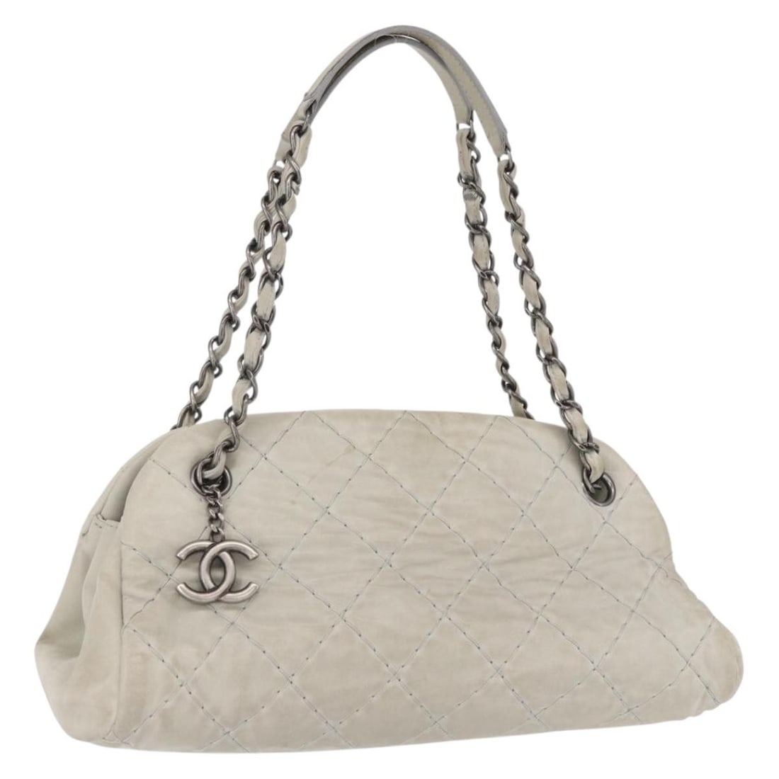 Chanel Mademoiselle Wild Stitch Gray Leather Shoulder Bag with Chain and Card: Chanel Mademoiselle Wild Stitch Gray Leather Shoulder Bag with Chain and Card This CHANEL Wild Stitch Mademoiselle Chain Bag is crafted from leather in a gray and silver color scheme. Designed as a sh