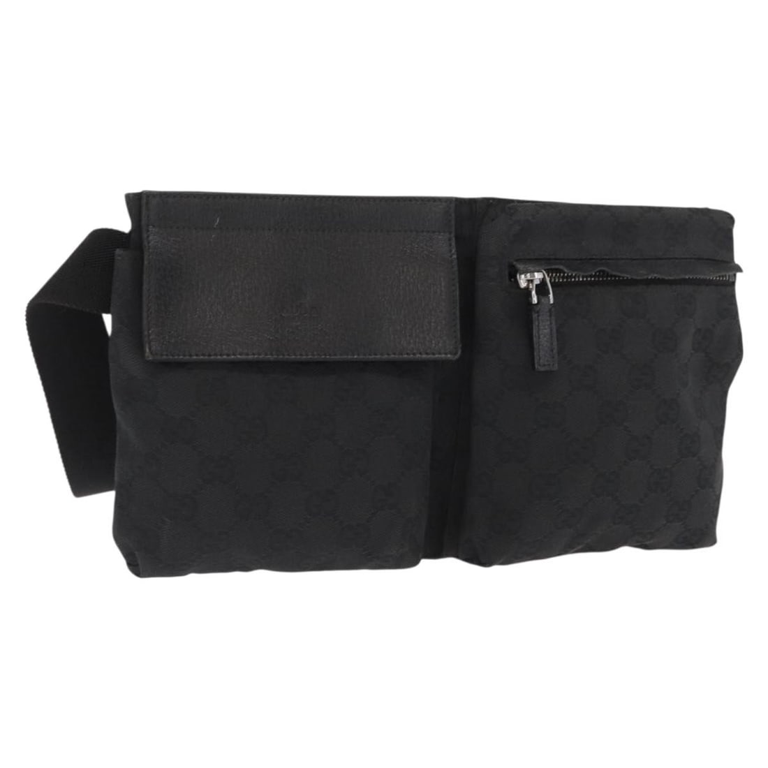 Black GG Canvas Gucci Waist Bag Silver Tone Hardware Model 28566: Black GG Canvas Gucci Waist Bag Silver Tone Hardware Model 28566 This GUCCI GG Canvas waist bag features a black and silver color scheme with signature GG canvas material. The bag includes an adjustab