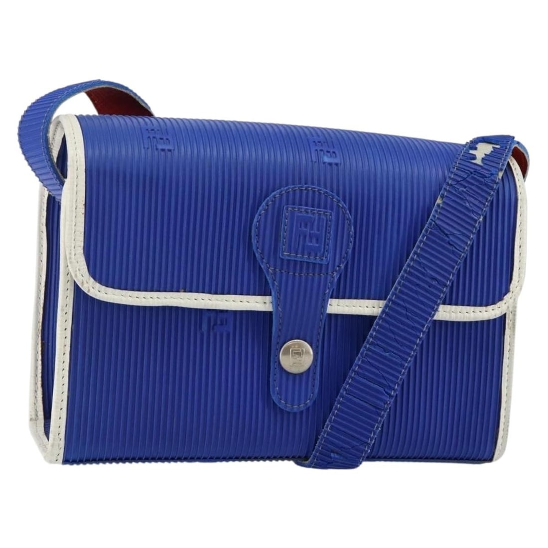 Fendi Blue Silver Rubber Shoulder Bag Auth Italy: Fendi Blue Silver Rubber Shoulder Bag Auth Italy This FENDI shoulder bag combines a striking blue and silver rubber exterior with a modern design. Made in Italy, it features dimensions of approximatel