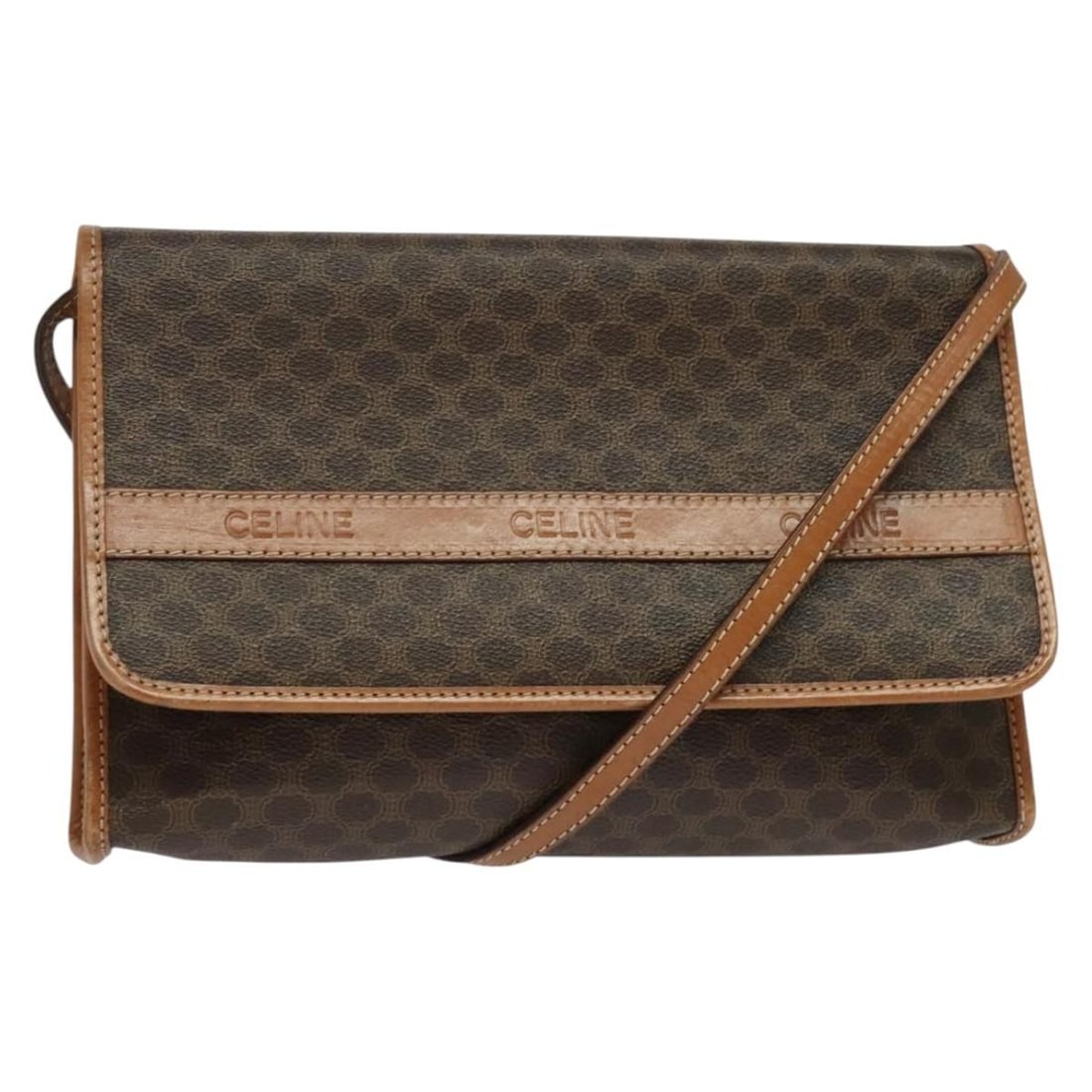 CELINE Macadam Canvas Shoulder Bag PVC Leather Brown Gold Made in Italy: CELINE Macadam Canvas Shoulder Bag PVC Leather Brown Gold Made in Italy This stylish CELINE shoulder bag features a blend of PVC leather and Macadam canvas, enhanced by an elegant brown and gold color