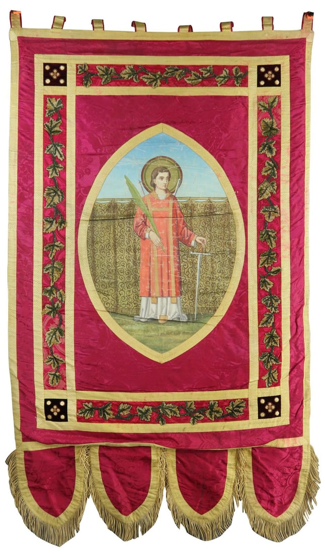 Antique 1900 Religious Silk Processional Banner Ruby Red Saint Martyr (1 of 7)