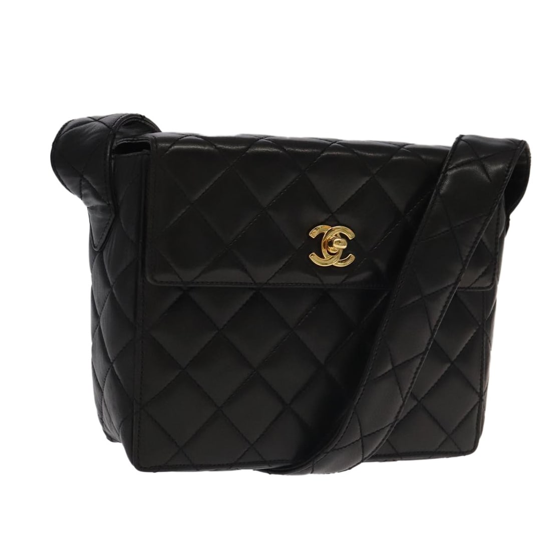 Black Lambskin Matelasse Shoulder Bag by CHANEL with Gold CC Hardware: Black Lambskin Matelasse Shoulder Bag by CHANEL with Gold CC Hardware This CHANEL Matelasse shoulder bag is crafted from black lambskin leather with gold-tone accents. It features the iconic CC logo,