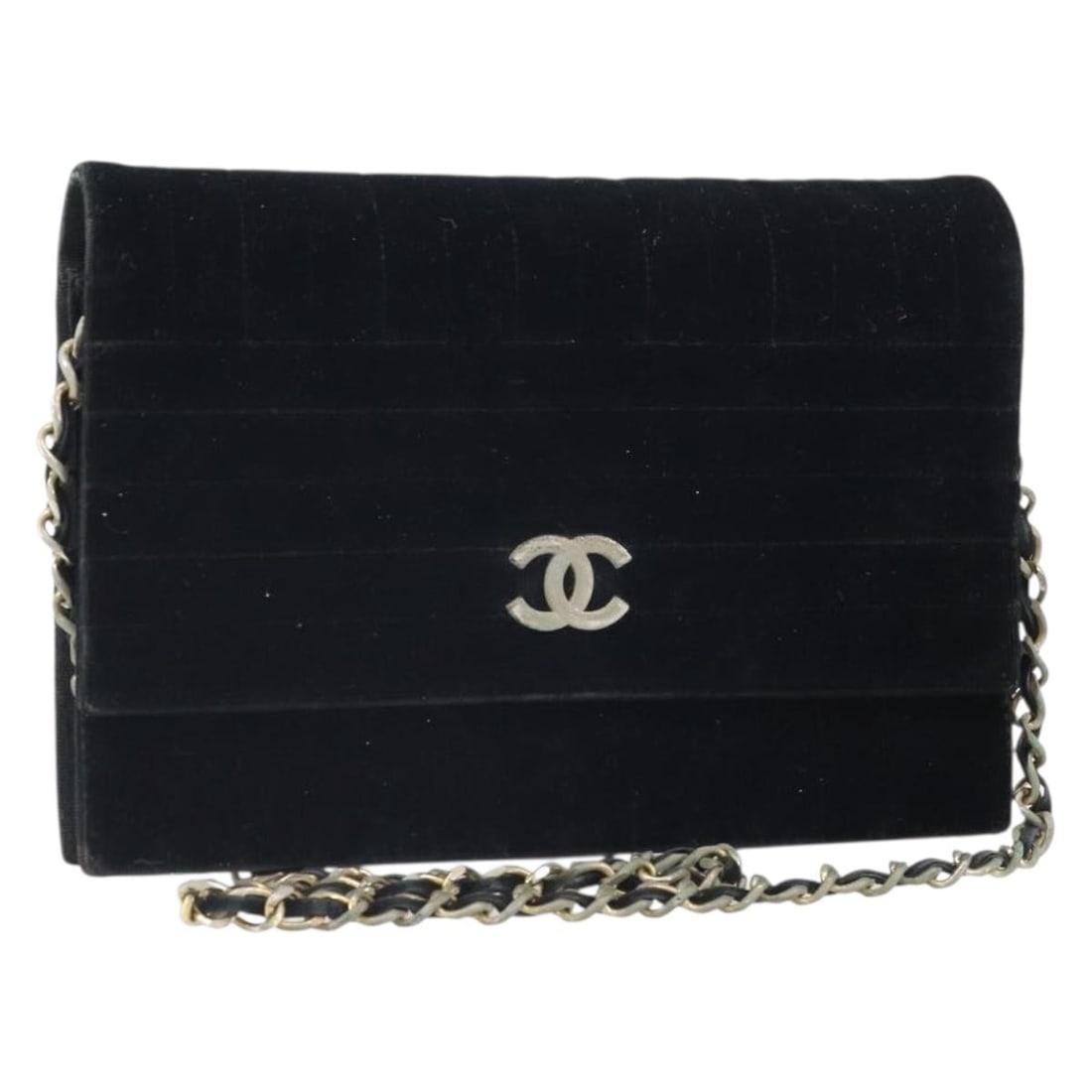 Chanel Mademoiselle Velor Black Shoulder Bag with Gold Chain CC Logo: Chanel Mademoiselle Velor Black Shoulder Bag with Gold Chain CC Logo This CHANEL Mademoiselle chain shoulder bag features a black and gold velor exterior with gold-tone CC detailing. Designed for wome
