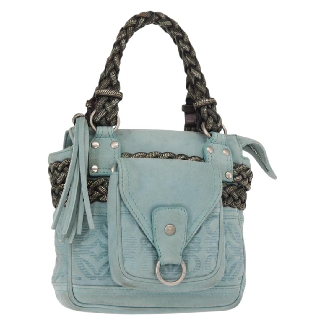 Loewe Suede Turquoise Blue Anagram Handbag Silver Accents Spain: Loewe Suede Turquoise Blue Anagram Handbag Silver Accents Spain This LOEWE Anagram handbag features turquoise blue suede with silver accents. Made in Spain, it has a compact design with a structured s