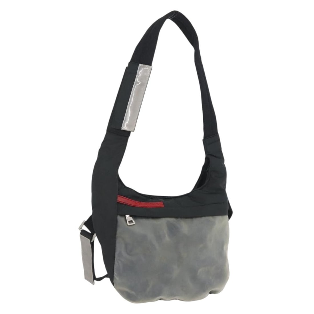 Prada Nylon Sports Black Silver Shoulder Bag for Women: Prada Nylon Sports Black Silver Shoulder Bag for Women This Prada Sports shoulder bag features a black and silver nylon exterior with silver-tone accents. Designed for women, the bag was made in Italy