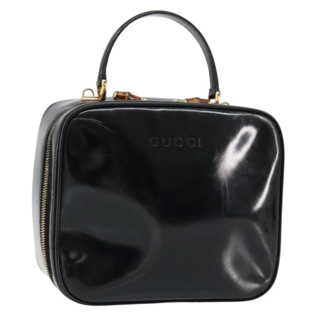 GUCCI Vanity Hand Bag Enamel Black Gold 000 2040 0323 Auth: GUCCI Vanity Hand Bag Enamel Black Gold 000 2040 0323 Auth This GUCCI Vanity Hand Bag showcases a luxurious blend of black and gold enamel, reflecting the brand's Italian craftsmanship. With approxima