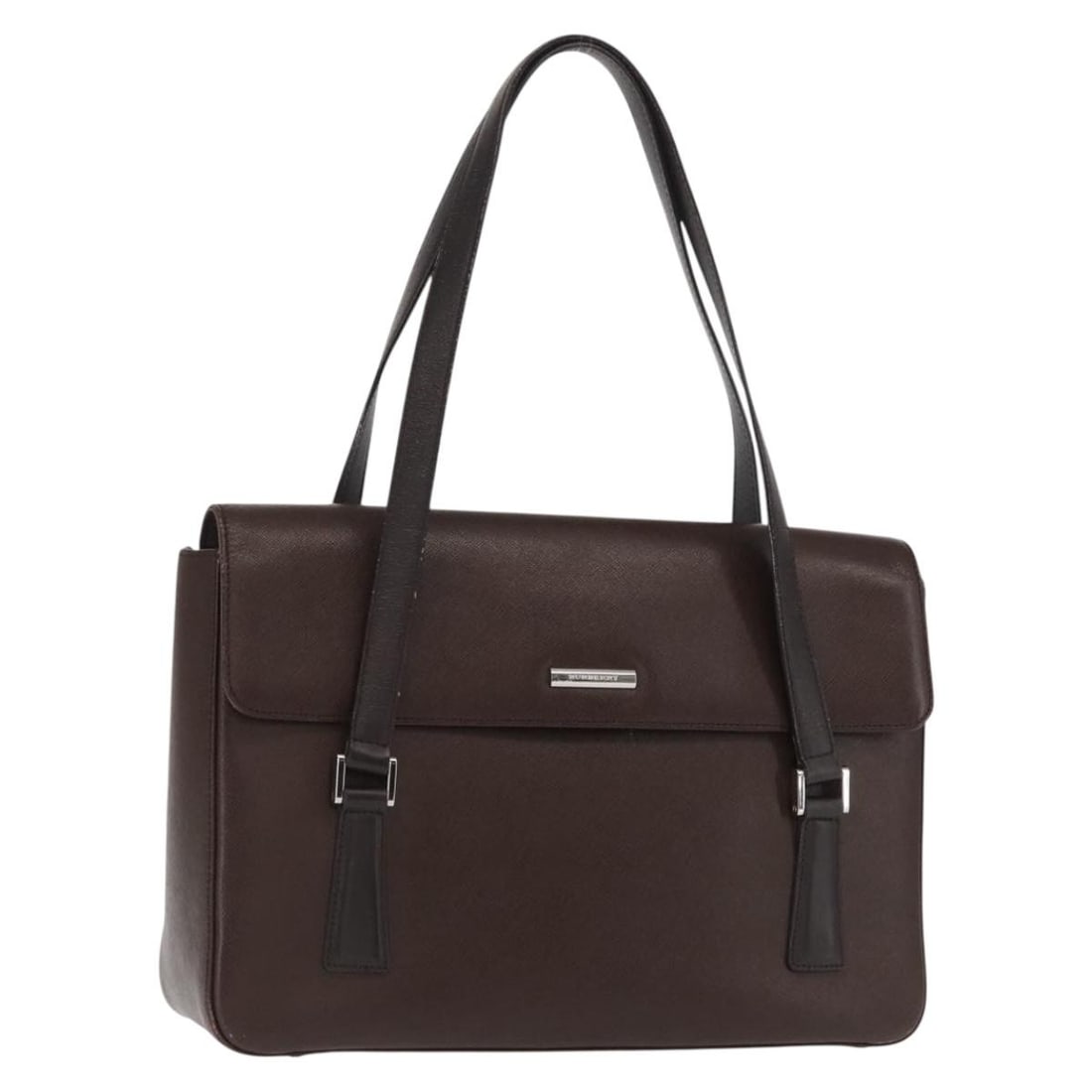 Burberry Brown Leather Handbag with Silver Accents: Burberry Brown Leather Handbag with Silver Accents This Burberry handbag features brown leather with silver-tone accents. The bag is designed with a structured silhouette and includes dual top handles