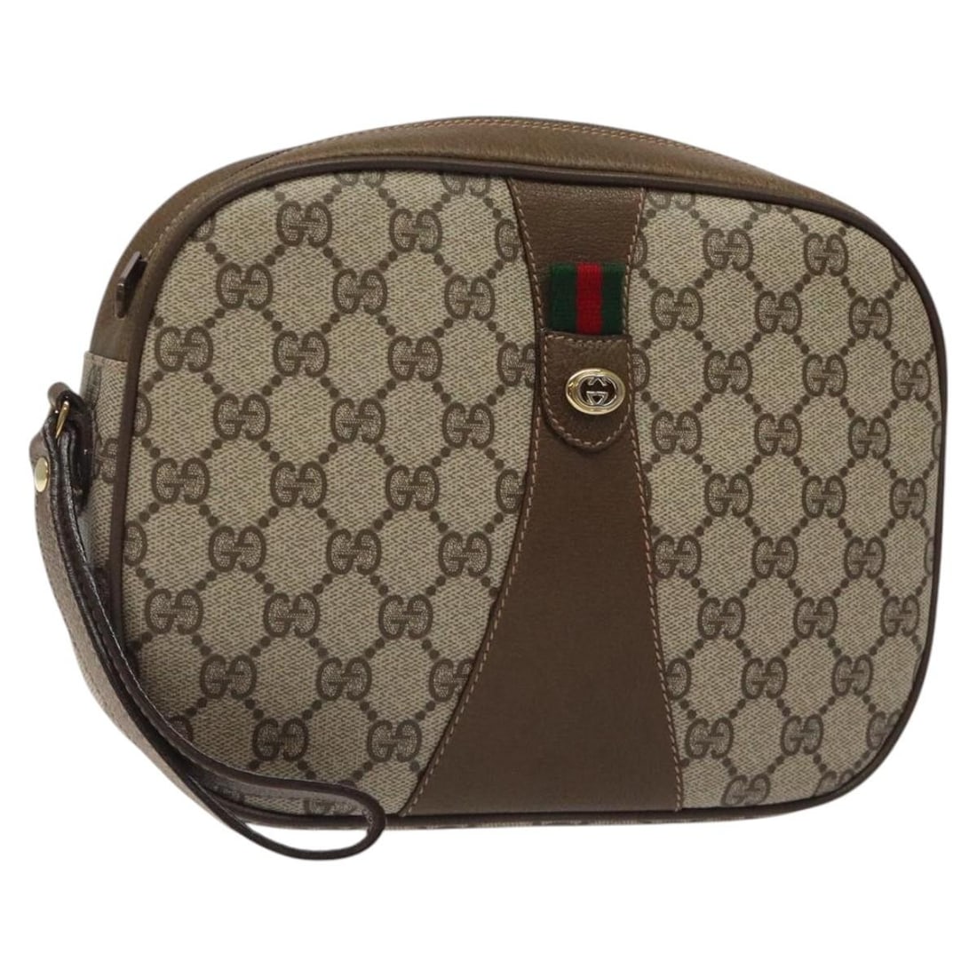 Gucci Beige GG Supreme Web Clutch 89 01 034 PVC Sherry Line Italy: Gucci Beige GG Supreme Web Clutch 89 01 034 PVC Sherry Line Italy This is a Gucci GG Supreme Web Sherry Line clutch bag crafted from beige and gold PVC leather with GG canvas accents. The clutch featu