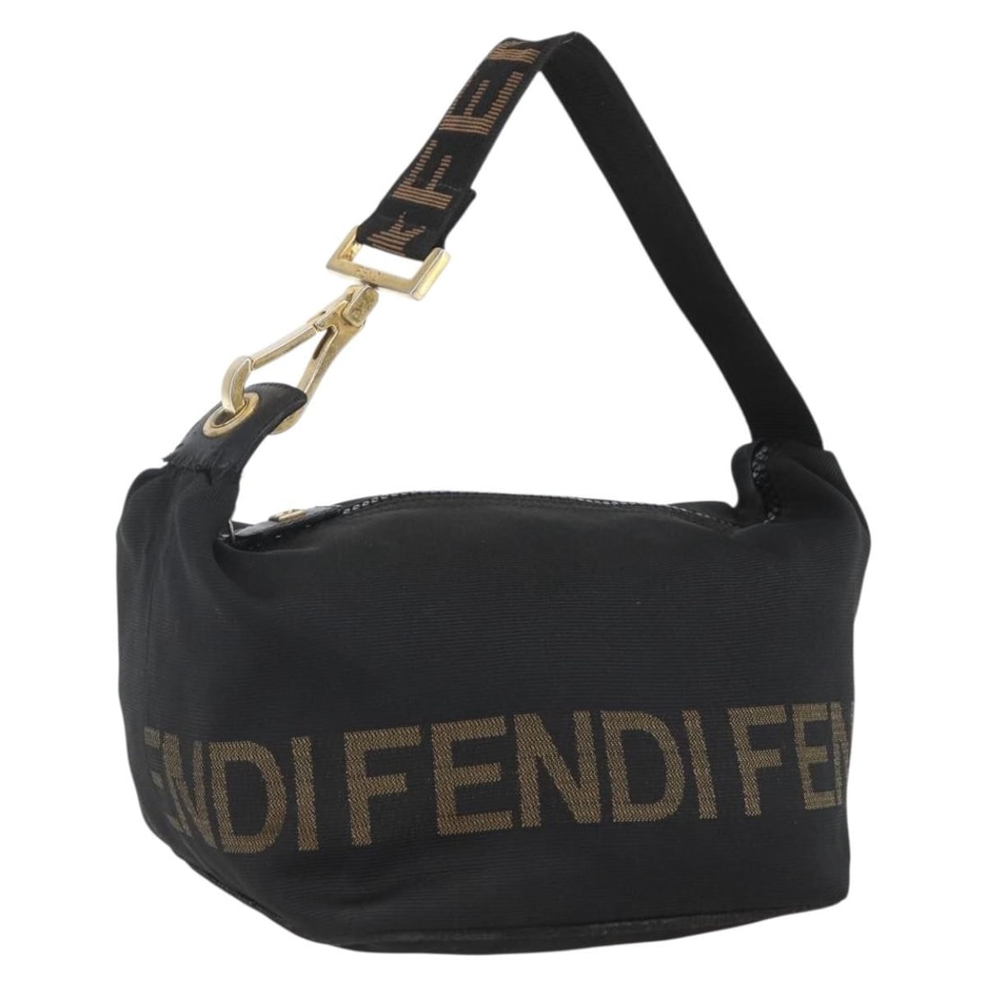 Fendi Black and Gold Canvas Handbag Made in Italy: Fendi Black and Gold Canvas Handbag Made in Italy This FENDI hand bag features a black and gold canvas exterior and is made in Italy. The bag measures approximately 17 cm in width, 16 cm in height, an