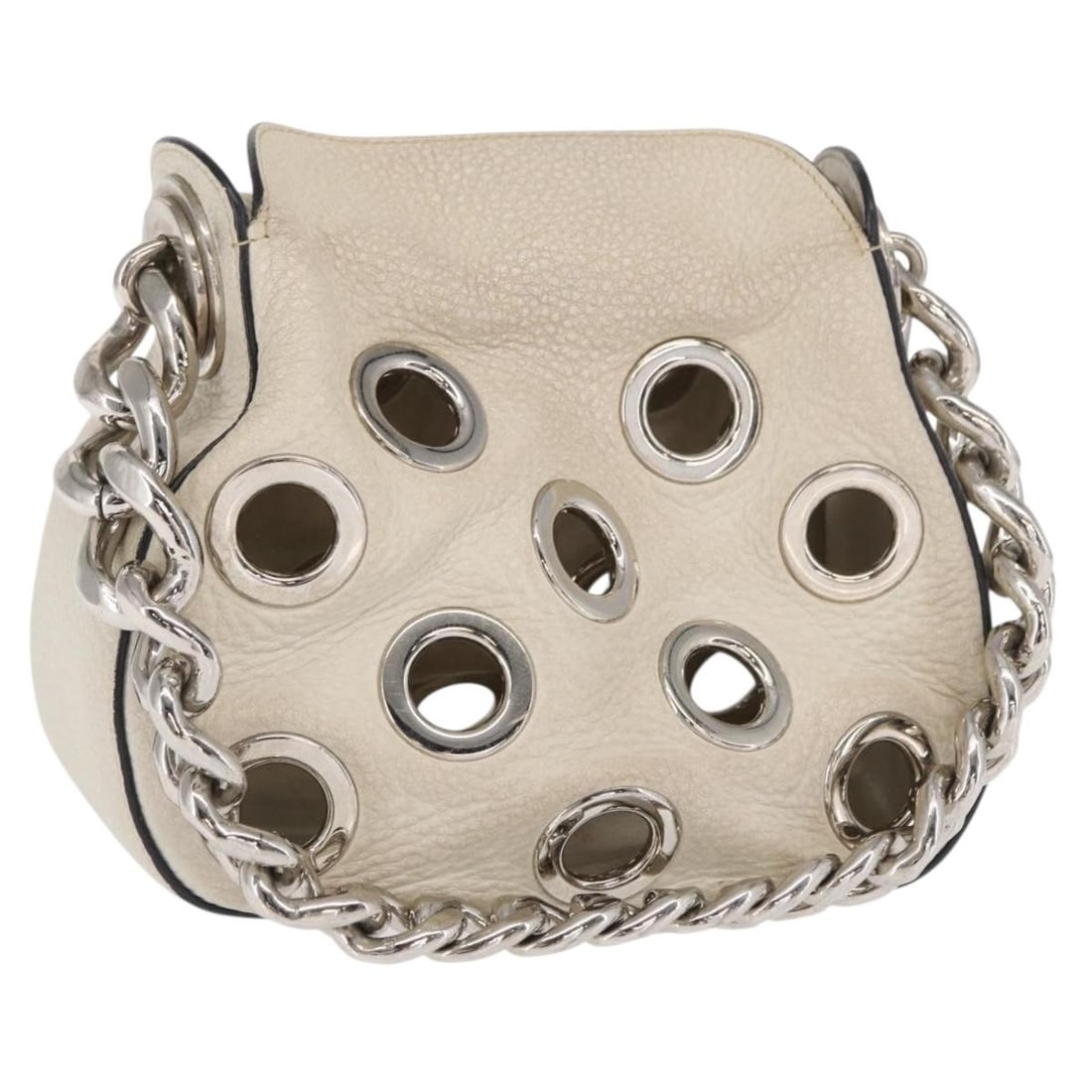 Ivory Leather Chain Shoulder Bag with Grommet Detail by Prada: Ivory Leather Chain Shoulder Bag with Grommet Detail by Prada This PRADA women's hand bag is crafted from ivory leather with silver-tone grommet detailing and features a distinctive punching chain des