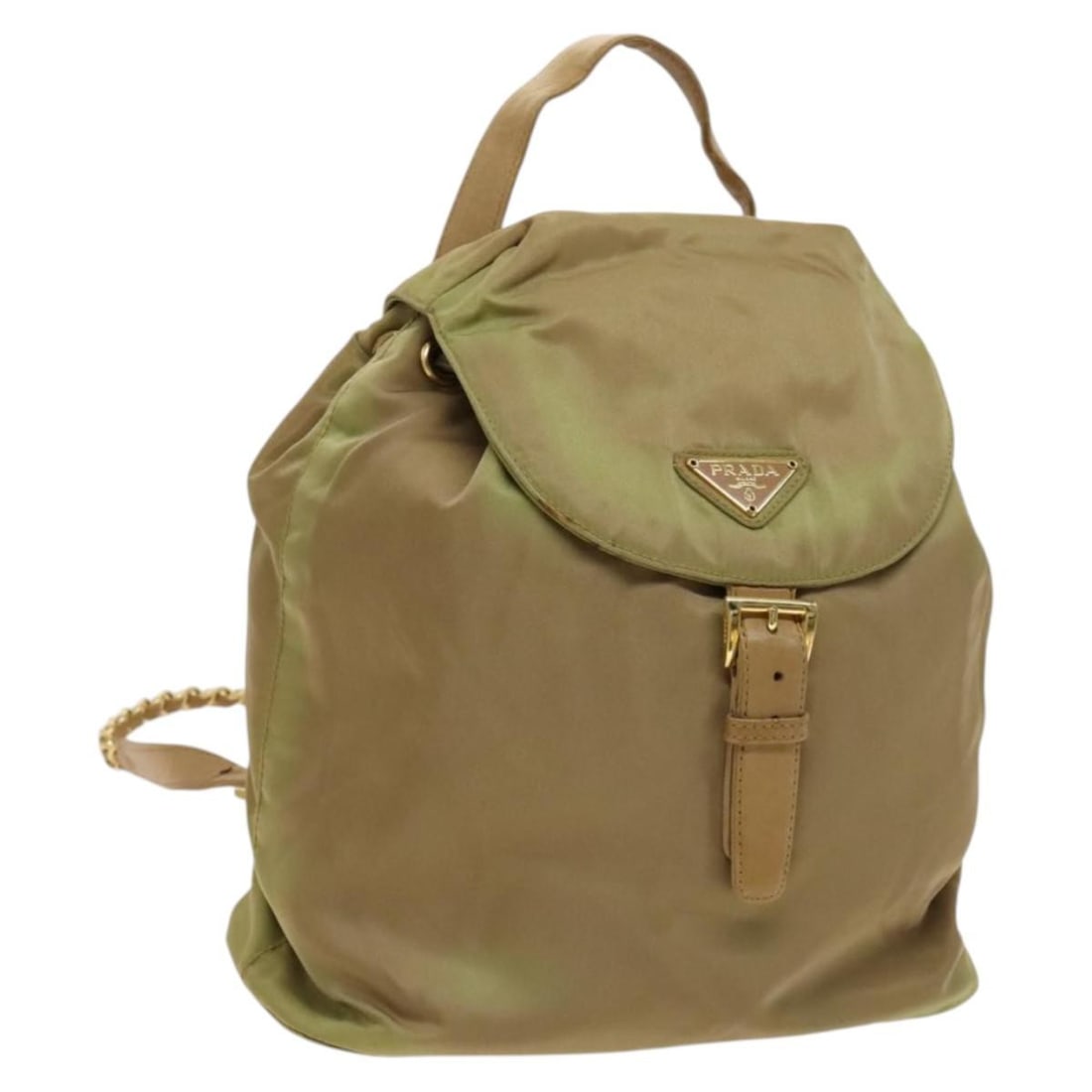 PRADA Khaki Gold Chain Backpack Nylon Made in Italy: PRADA Khaki Gold Chain Backpack Nylon Made in Italy This PRADA Chain Backpack is crafted from durable nylon in a stylish khaki and gold color combination. With dimensions of approximately 9.8 inches i