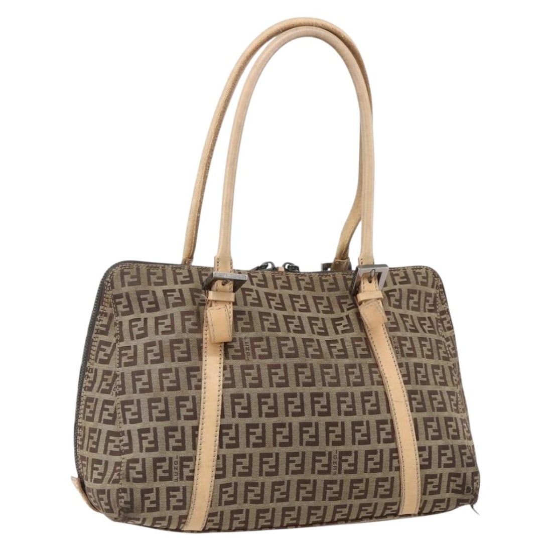 Fendi Zucchino Canvas Beige and Silver Handbag with Keys and Clochette: Fendi Zucchino Canvas Beige and Silver Handbag with Keys and Clochette This FENDI Zucchino canvas handbag features a beige and silver exterior, designed for women. The bag shows notable signs of use,