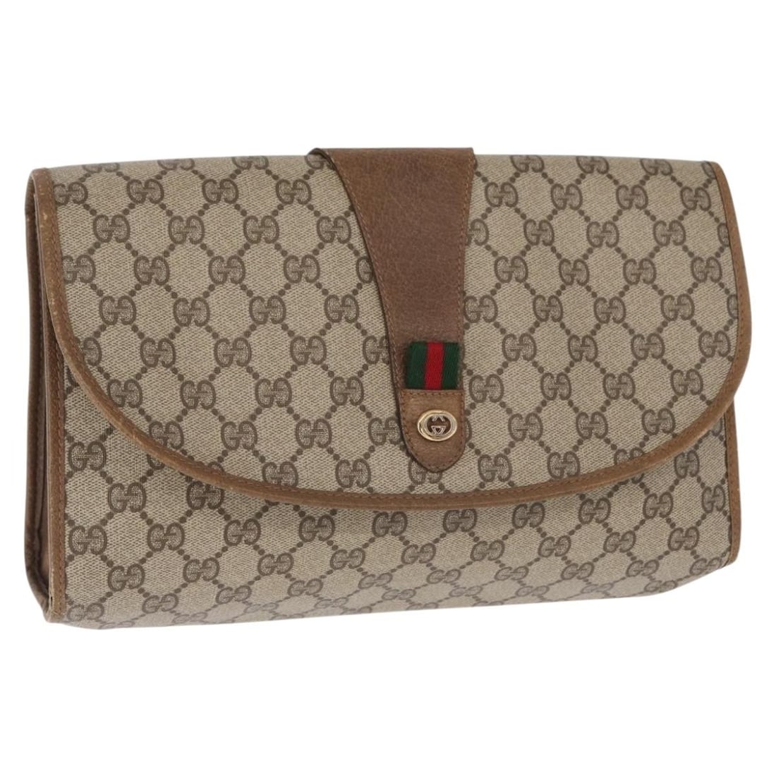 Beige GG Canvas Clutch from Gucci Web Sherry Line 89 01 031: Beige GG Canvas Clutch from Gucci Web Sherry Line 89 01 031 This is a GUCCI GG Supreme Web Sherry Line clutch bag crafted from signature GG canvas in beige and gold tones. The bag features a compact d