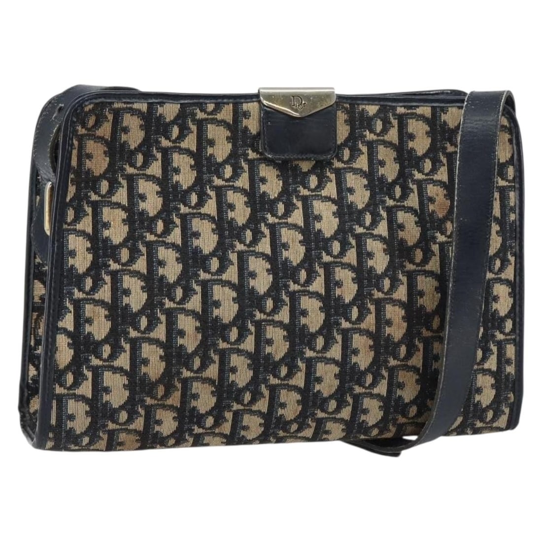 Navy Trotter Canvas Shoulder Bag by Christian Dior with Gold Accents: Navy Trotter Canvas Shoulder Bag by Christian Dior with Gold Accents This is a Christian Dior shoulder bag crafted from the brand's signature Trotter canvas in navy and gold. Made in France, it featur
