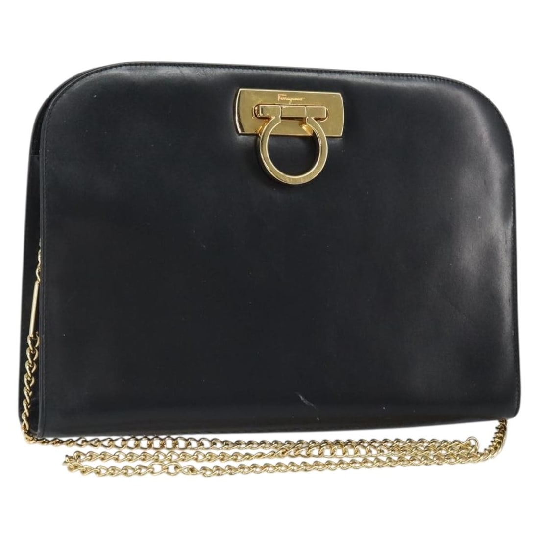 Gancini Black Leather Chain Shoulder Bag by Salvatore Ferragamo: Gancini Black Leather Chain Shoulder Bag by Salvatore Ferragamo This Salvatore Ferragamo Gancini chain shoulder bag features a classic black leather exterior with gold-tone accents. The bag is designe