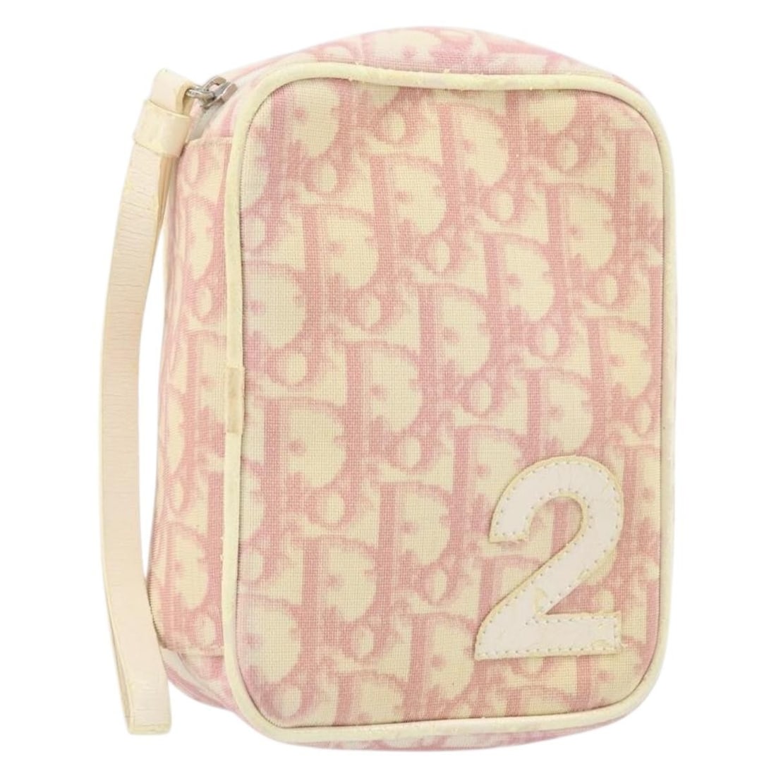 Christian Dior Pink Trotter Canvas and PVC Silver Pouch for Women: Christian Dior Pink Trotter Canvas and PVC Silver Pouch for Women This Christian Dior Trotter canvas pouch features a pink and silver PVC leather exterior with signature Trotter canvas accents. Design