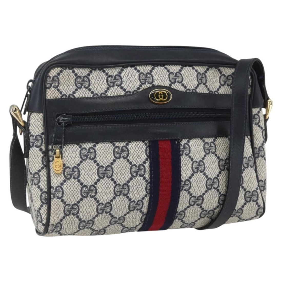 Gucci Sherry Line Navy GG Supreme Shoulder Bag PVC Leather 42 01 3654: Gucci Sherry Line Navy GG Supreme Shoulder Bag PVC Leather 42 01 3654 This is a Gucci GG Supreme Sherry Line shoulder bag crafted from navy and gold PVC leather with GG canvas accents. The bag feature