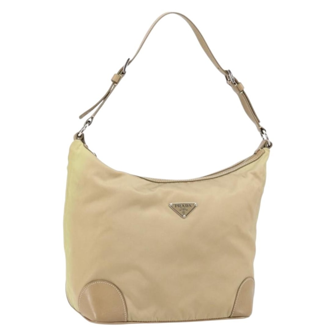 Prada Beige Nylon Shoulder Bag with Silver Accents Italy: Prada Beige Nylon Shoulder Bag with Silver Accents Italy This PRADA shoulder bag features a beige and silver nylon exterior with silver-tone hardware. The bag was made in Italy and includes a shoulder