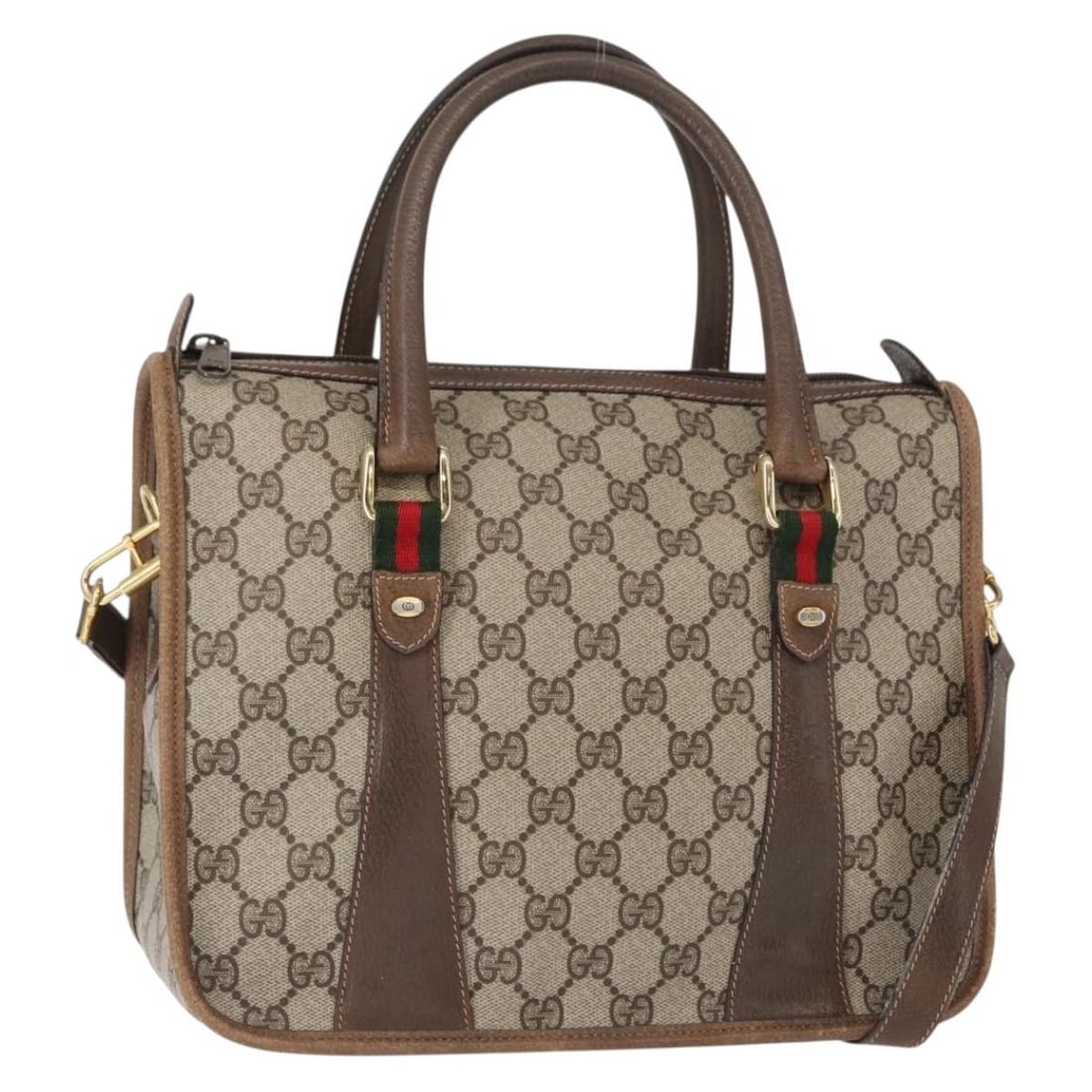 GUCCI GG Supreme Sherry Line 2way Hand Bag Beige Gold PVC Auth 41 02 039: GUCCI GG Supreme Sherry Line 2way Hand Bag Beige Gold PVC Auth 41 02 039 The GUCCI GG Supreme Web Sherry Line Bag is a stylish and versatile hand bag crafted in Italy. Made from durable PVC leather an