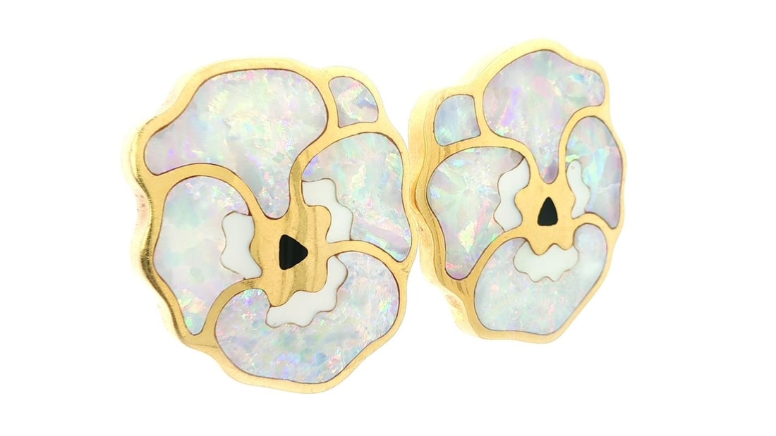 Tiffany & Co. Vintage 18k Gold Opal Mother of Pearl Pansy Clip-On Earrings: Tiffany & Co. Vintage 18k Gold Opal Mother of Pearl Pansy Clip-On Earrings These exquisite vintage clip-on earrings from Tiffany & Co. feature a beautiful inlaid design showcasing natural opals and mo